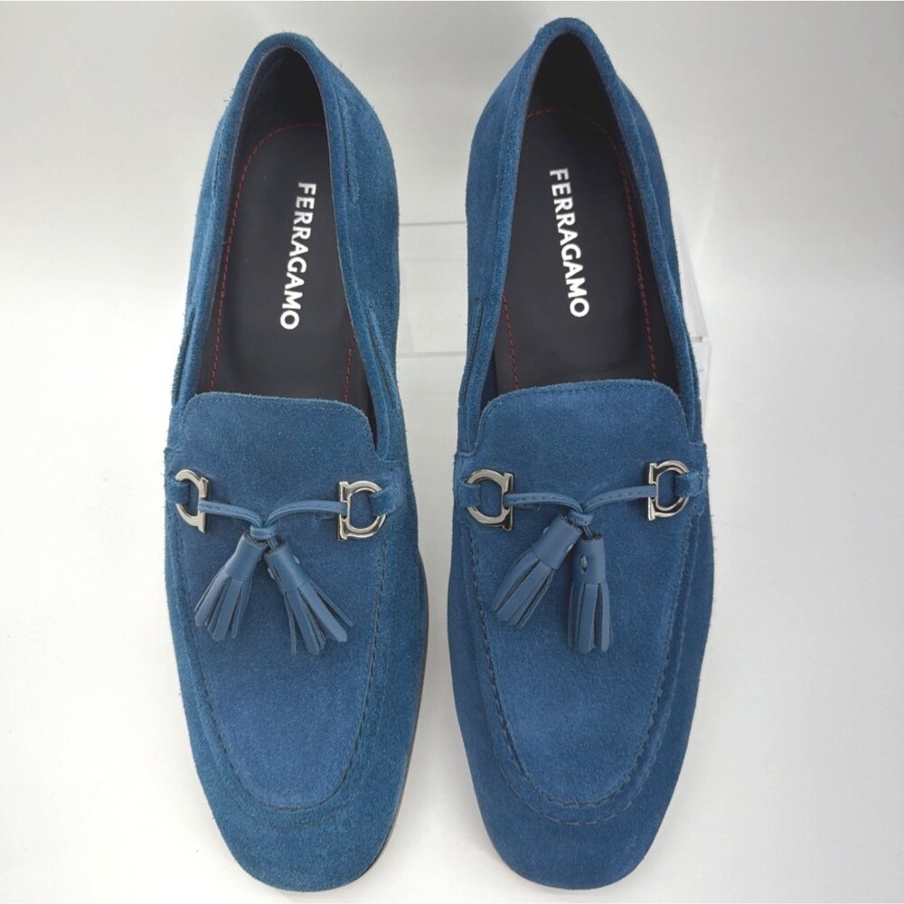 Salvatore Ferragamo Blue Tassels Loafers Suede Formal Men Shoes Size 9E US10